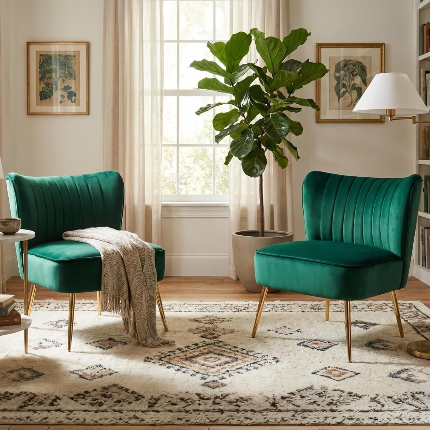 Velvet Accent Chair Set of 2 Comfy Living Room Chairs with Golden Legs Wingback for Bedroom Guest Room, Green