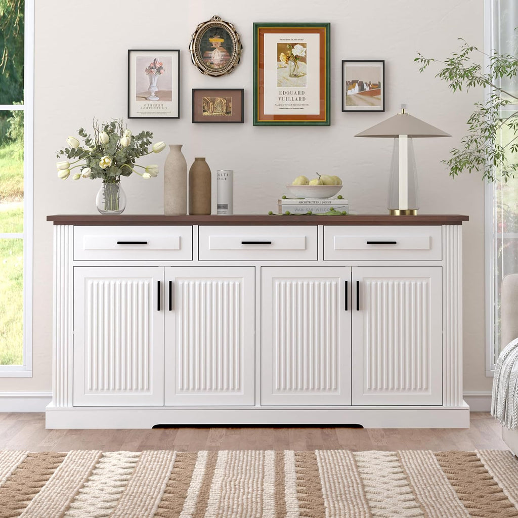 RiteSune Buffet Cabinet with Storage, 63' Modern Farmhouse Coffee Bar Cabinets with 3 Drawers and 4 Doors, Black Sideboard Buffet Cabinet, Wood Buffet Storage Table for Kitchen, Dining Room (White)