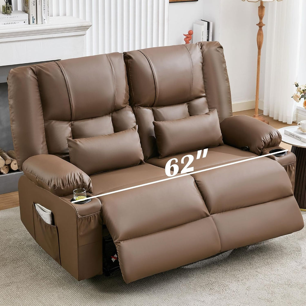 Brown Leather Loveseat Recliner with Massage/Heat, Oversized Recliner Couch & Reclining Loveseat with Cup Holders/Pillow, Manual Reclining Sofa For Living Room/Rv/Home Theater Seating (Brown)