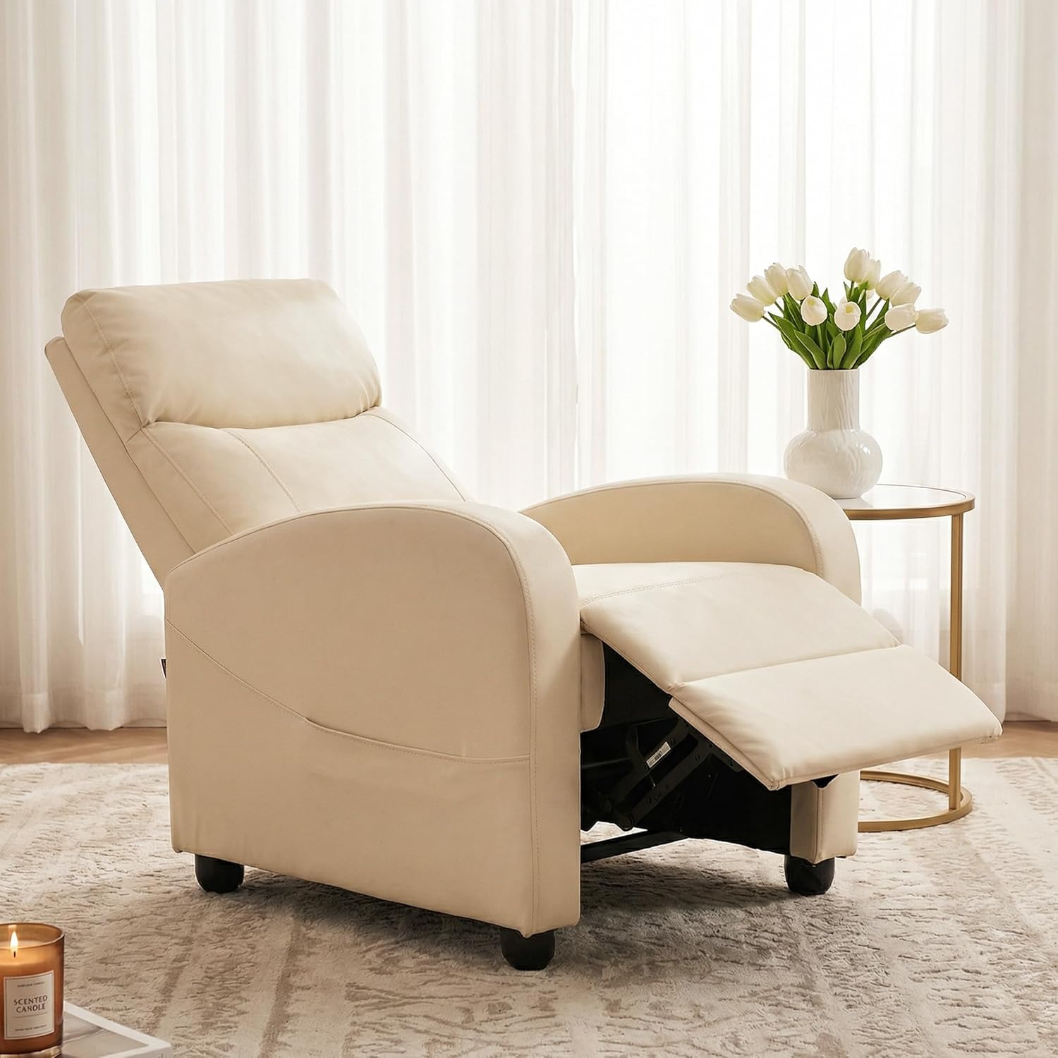 Sweetcrispy Recliner Chair Fabric Recliner Sofa No Massage, Home Theater Seating with Lumbar Support, Adjustable Push Back Overstuffed High-Density Sponge Reclining for Living Room, Beige