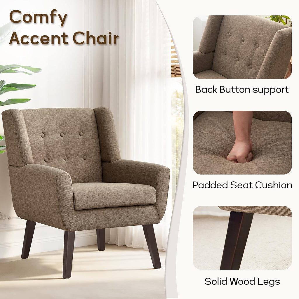 HUIMO Accent Chairs for Living Room,Linen Button-Tufted Upholstered Armchair with Wooden Legs,Comfy Mid Century Modern Chair for Bedroom Apartment Waiting Room Brown