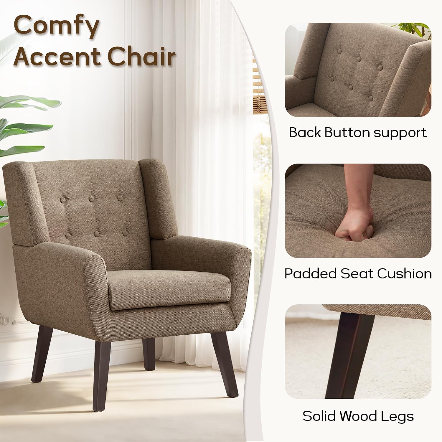 HUIMO Accent Chairs for Living Room,Linen Button-Tufted Upholstered Armchair with Wooden Legs,Comfy Mid Century Modern Chair for Bedroom Apartment Waiting Room Brown