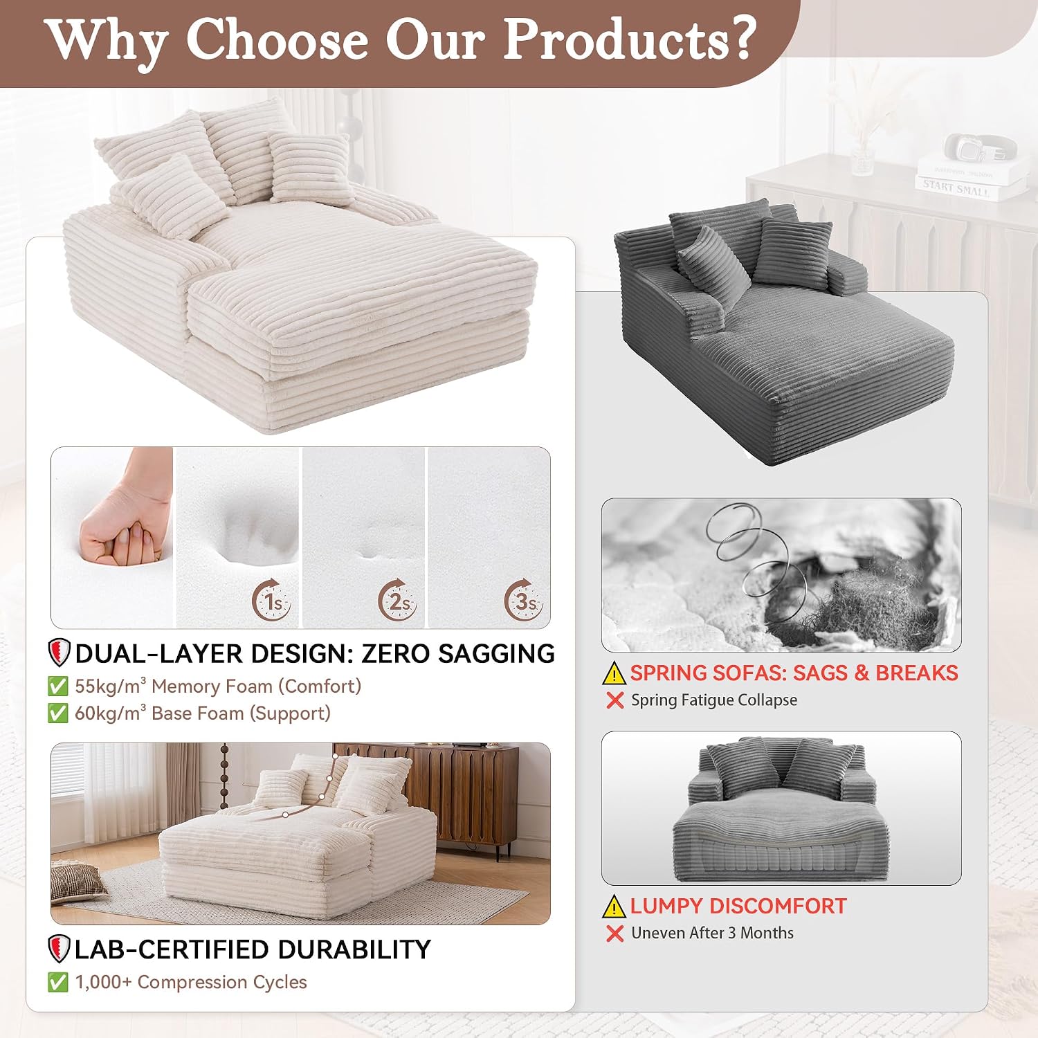 KEIKI 53.94'' Luxury Corduroy Convertible Chaise Lounge Chair with 4 Pillows, Ultra-Soft Sofa Bed, No Assembly Required, Ergonomic Recliner for Living Room, Apartment & Small Spaces, Beige