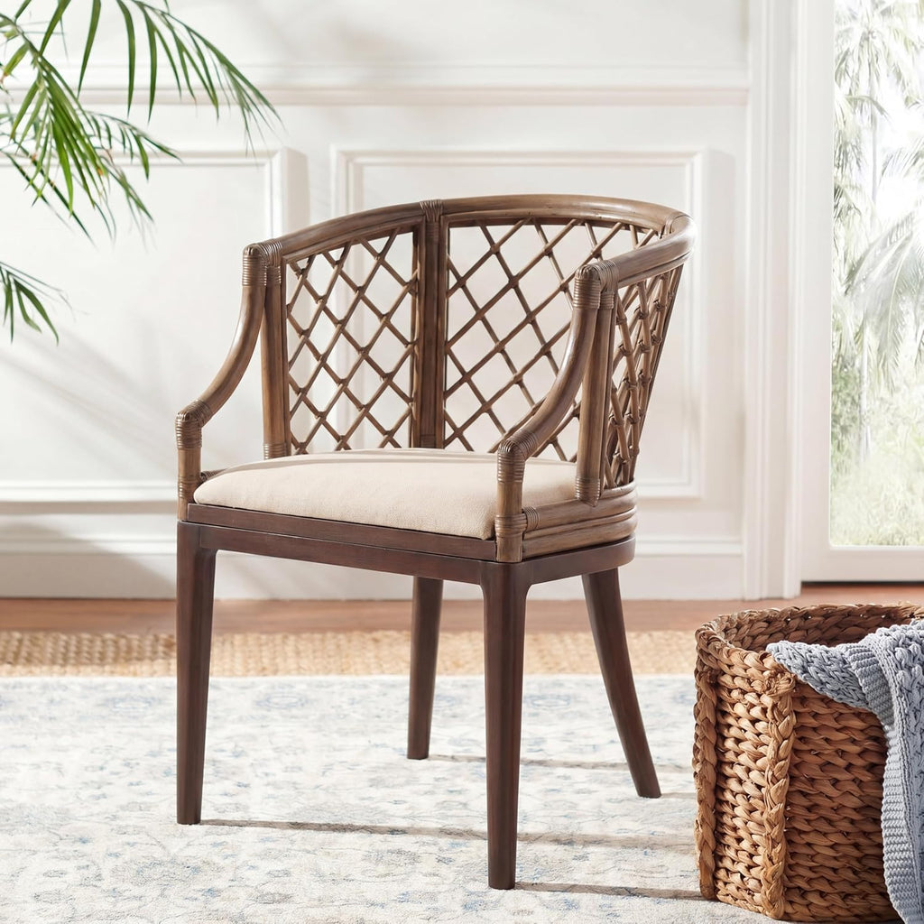 SAFAVIEH Furniture - Carlotta Rattan Arm Chair - Greige & White - Solid Wood - Coastal Open-Arm Design - Ideal for Living Room, Sunroom, Bedroom (SEA4013A)