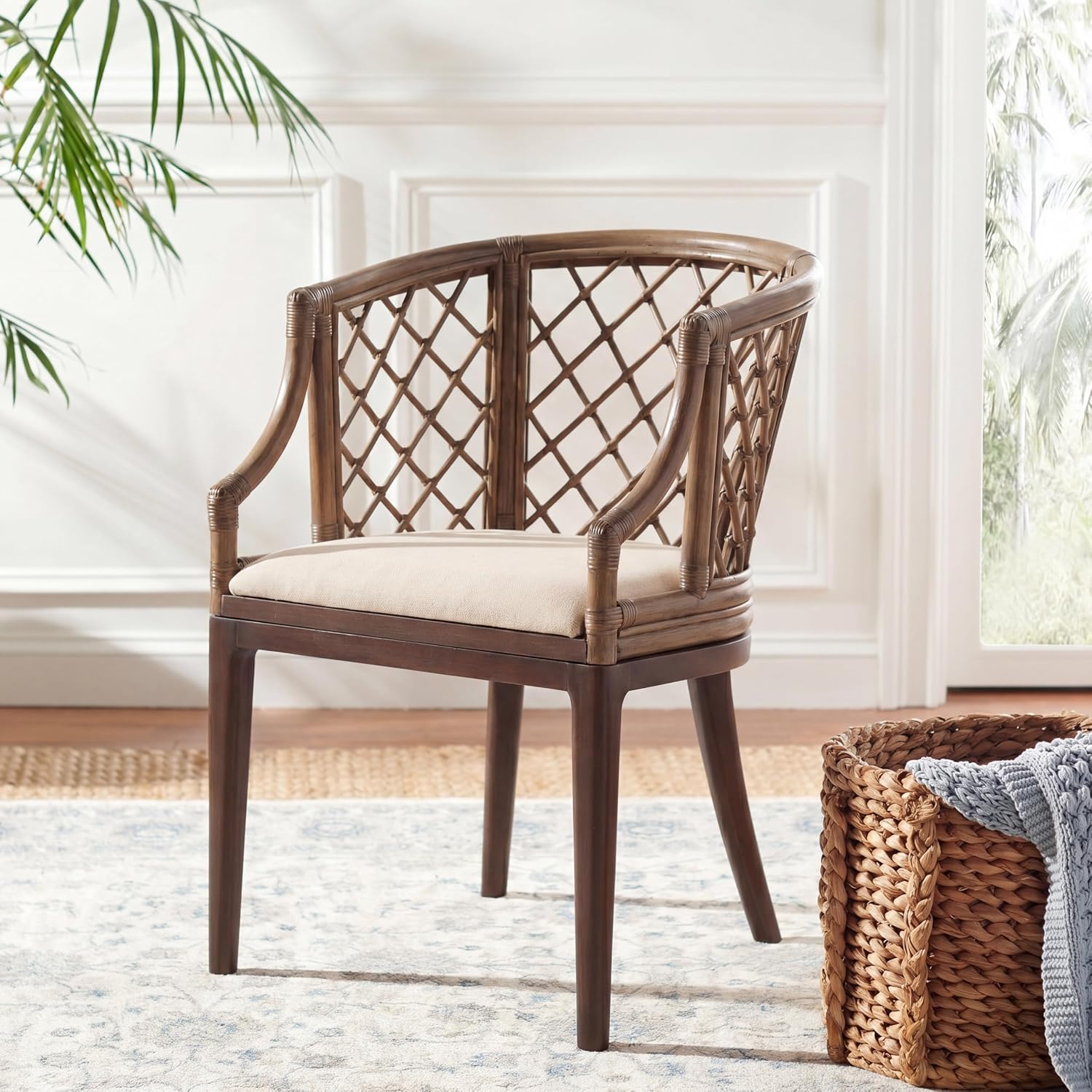 SAFAVIEH Furniture - Carlotta Rattan Arm Chair - Greige & White - Solid Wood - Coastal Open-Arm Design - Ideal for Living Room, Sunroom, Bedroom (SEA4013A)