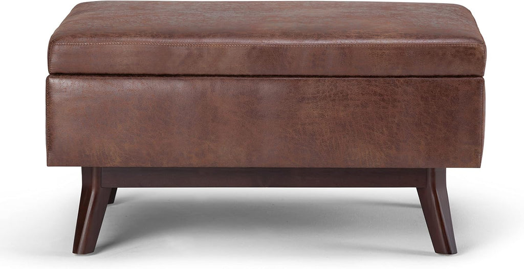 SIMPLIHOME Owen Coffee Table Storage Ottoman - 34' Wide x 19' High Upholstered Vegan Leather Rectangular Lift-Top Ottoman in Distressed Saddle Brown, Mid-Century Modern Bench with Tapered Legs