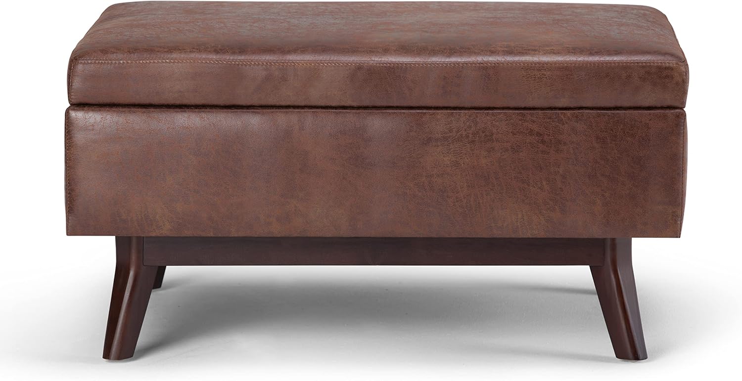 SIMPLIHOME Owen Coffee Table Storage Ottoman - 34' Wide x 19' High Upholstered Vegan Leather Rectangular Lift-Top Ottoman in Distressed Saddle Brown, Mid-Century Modern Bench with Tapered Legs