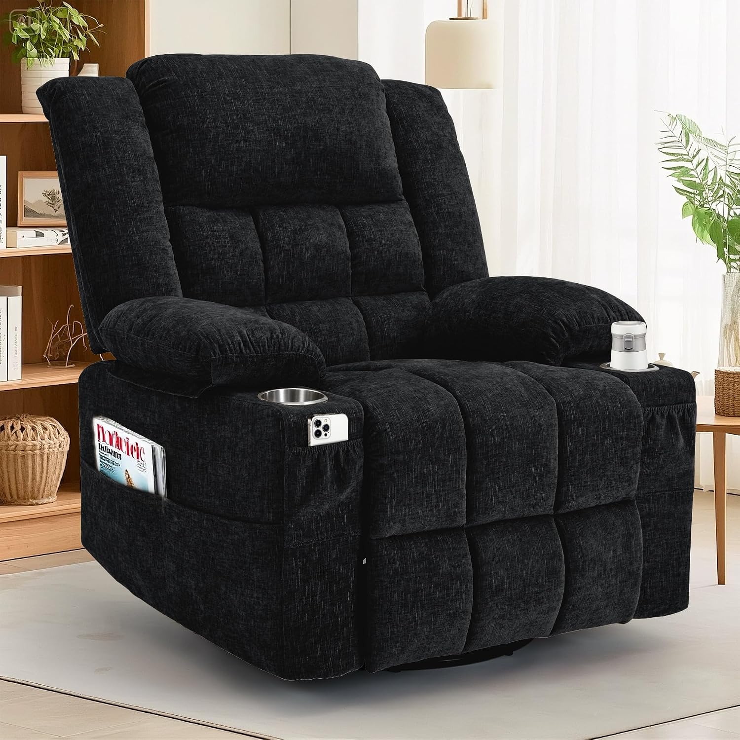 Korser 360° Swivel Rocker Recliner for Adult, Nursery Glider Recliners with Massage & Heating, Rocking Chair with Cup Holder, Manual Recliner Chair for Living Room, Bedroom (Black)