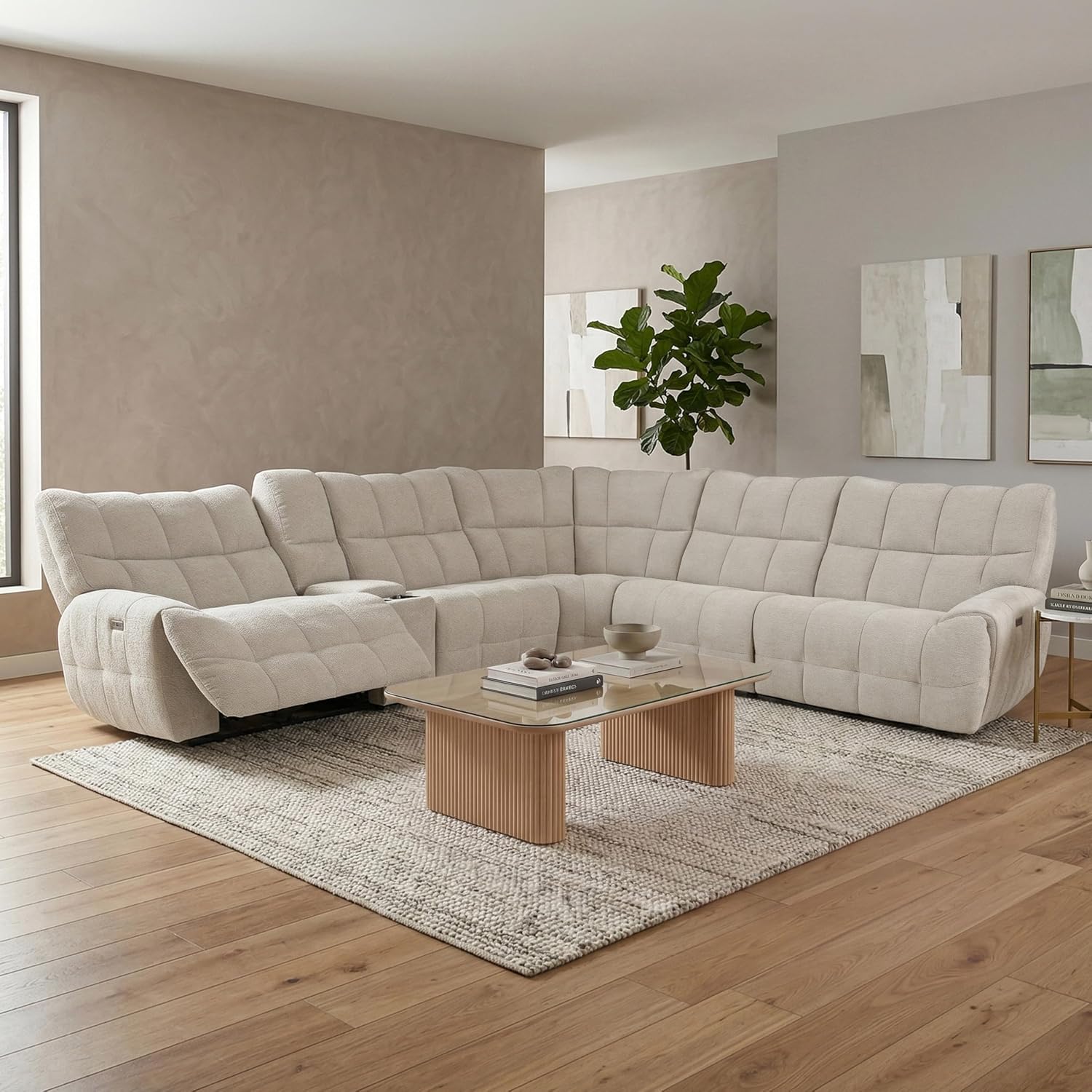 Furniture of America Tavie Modern Reclining Sofa with Storage Console and Cup Holders, Sectional Recliner, L Shaped Couch for Living Room, Home Theater, Playroom, Beige