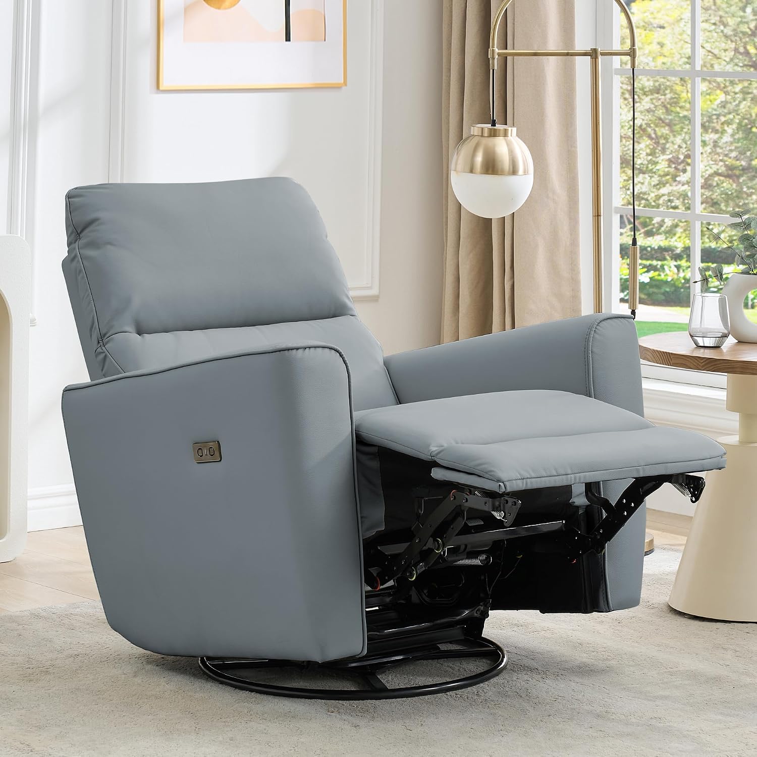 GarveeHome Power Recliner Chair, 270° Swivel Rocking Glider with USB Charging Port, PU Leather Upholstered Fabric, Ergonomic Modern Nursery Chair for Living Room, Bedroom, Nursery (Gray)