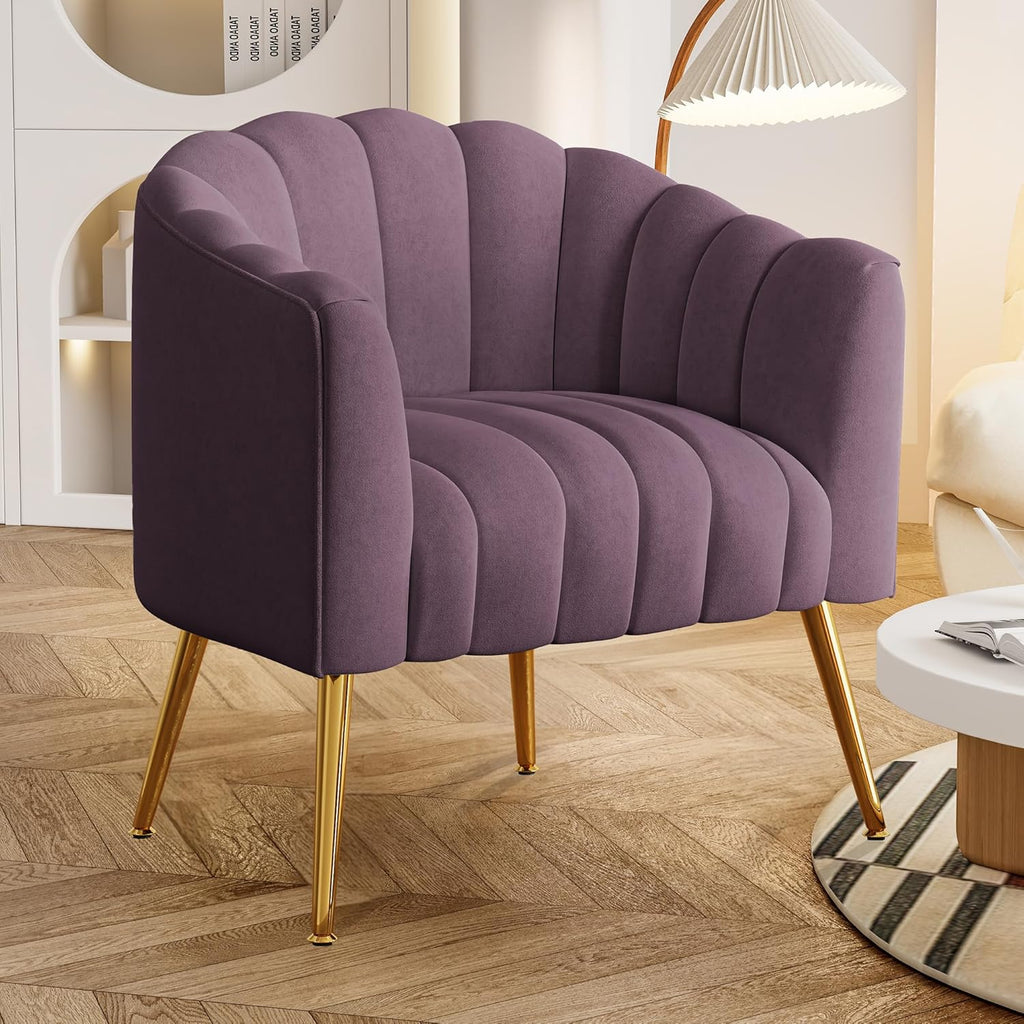 Dewhut Oversized Pumpkin Couch Accent Chair, Modern Comfy Velvet Upholstered Barrel Chairs, Luxury Single Sofa Armchair for Living Room, Waiting Room, Office and Vanity, (Purple)
