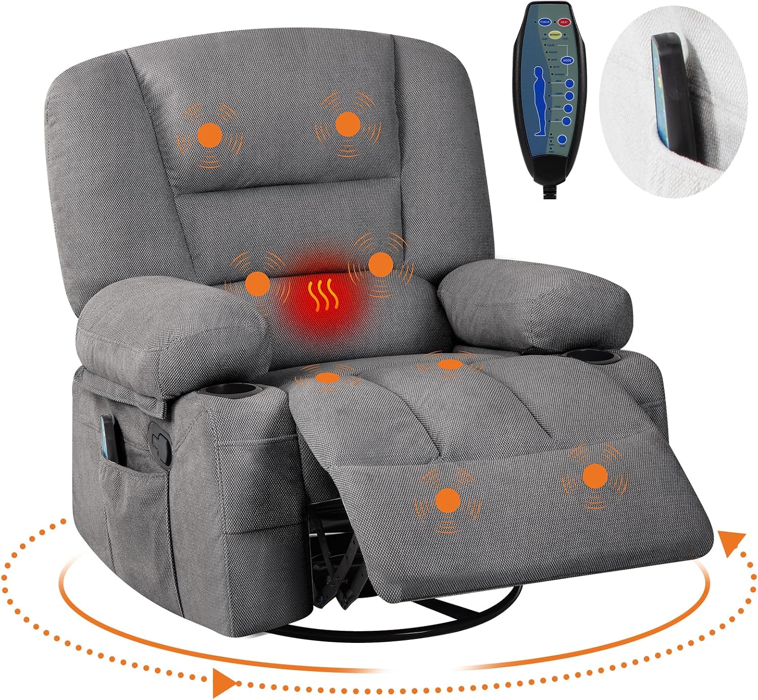 Massage Recliner Chair for Living Room, Chenille Rocker Recliner Chair for Adults with Vibration Massage and Heat, Adjustable Home Theater Seating for Living Room, Bedroom, 360° Swivel, Grey
