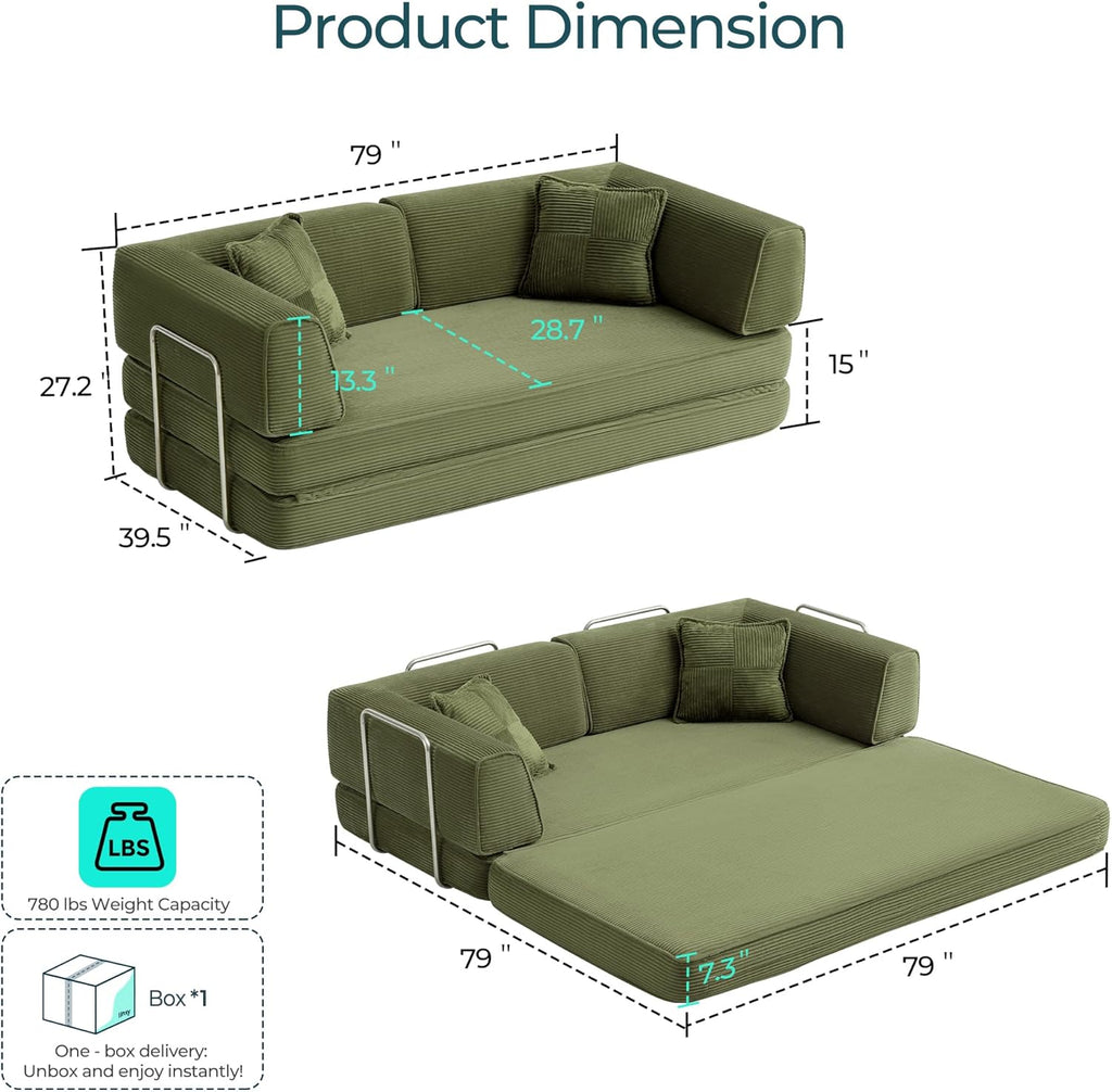 LINSY HOME Sofa Bed Couch - Convertible Boneless Couch Bed with 2 Pillow (Green) | Folding Sofa Bed