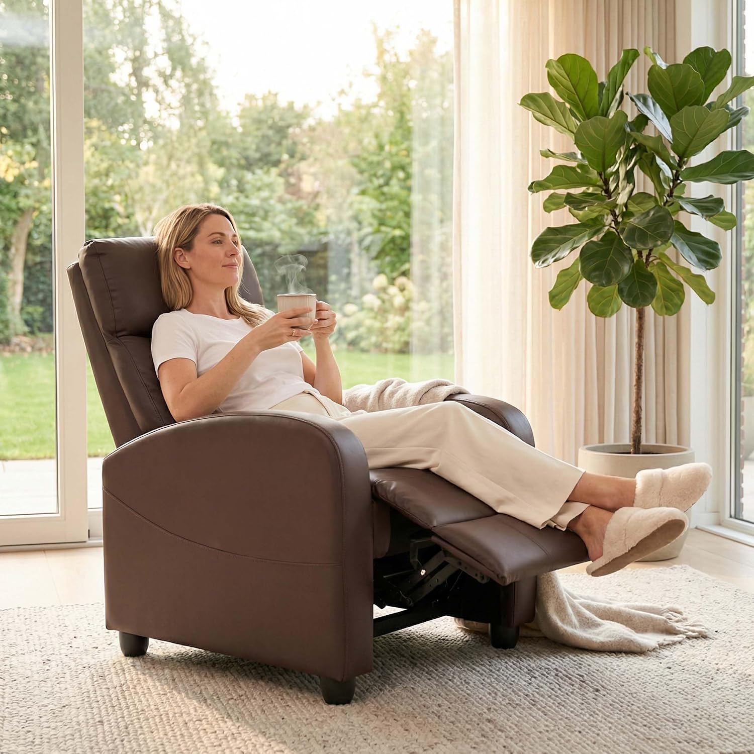Sweetcrispy Massage Recliner Chair for Adults, Adjustable Home Theater Seating with Lumbar Support for Living Room, Modern Fabric Reclining for Small Space, Brown