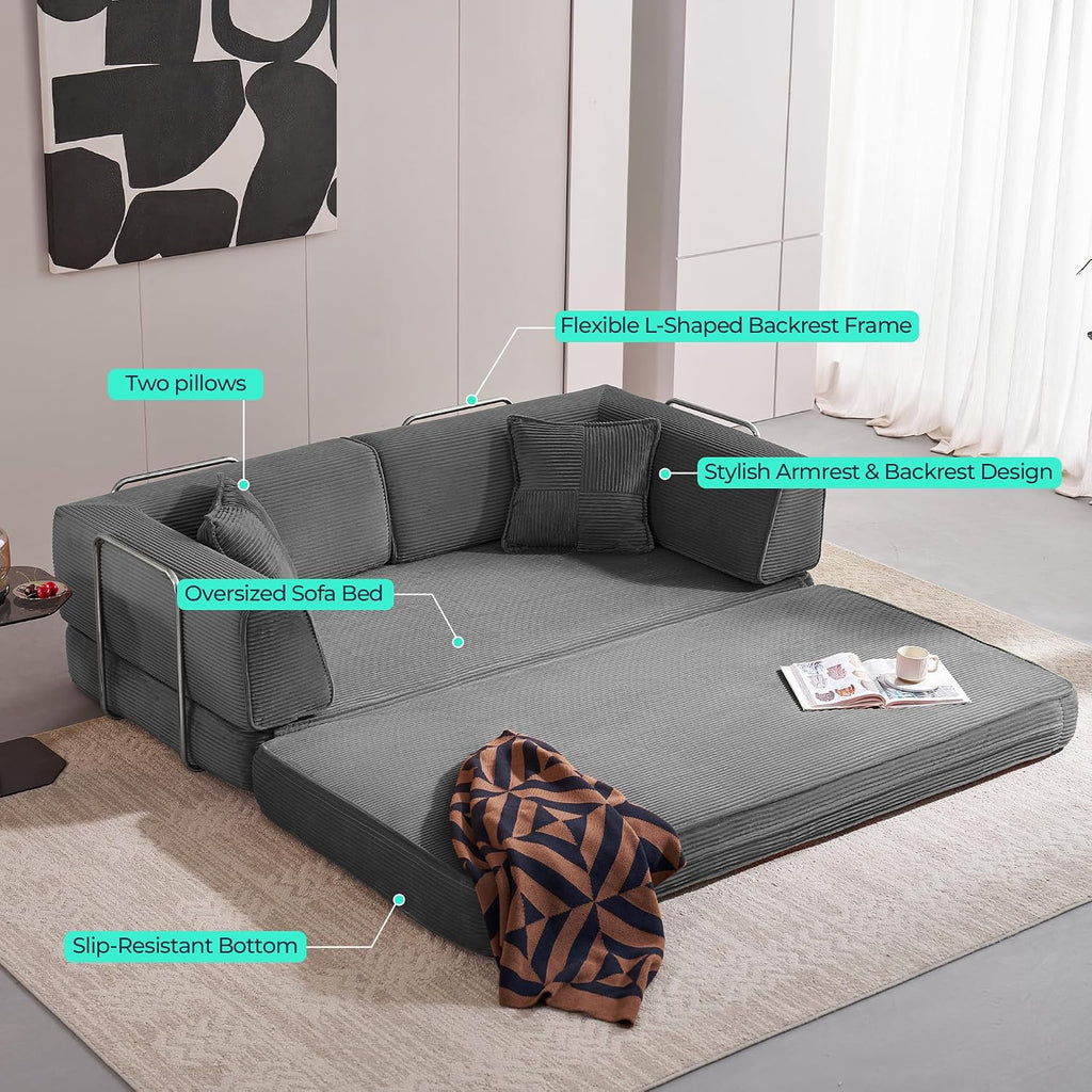 LINSY HOME Sofa Bed Couch - Convertible Boneless Couch Bed with 2 Pillow (Grey) | Folding Sofa Bed