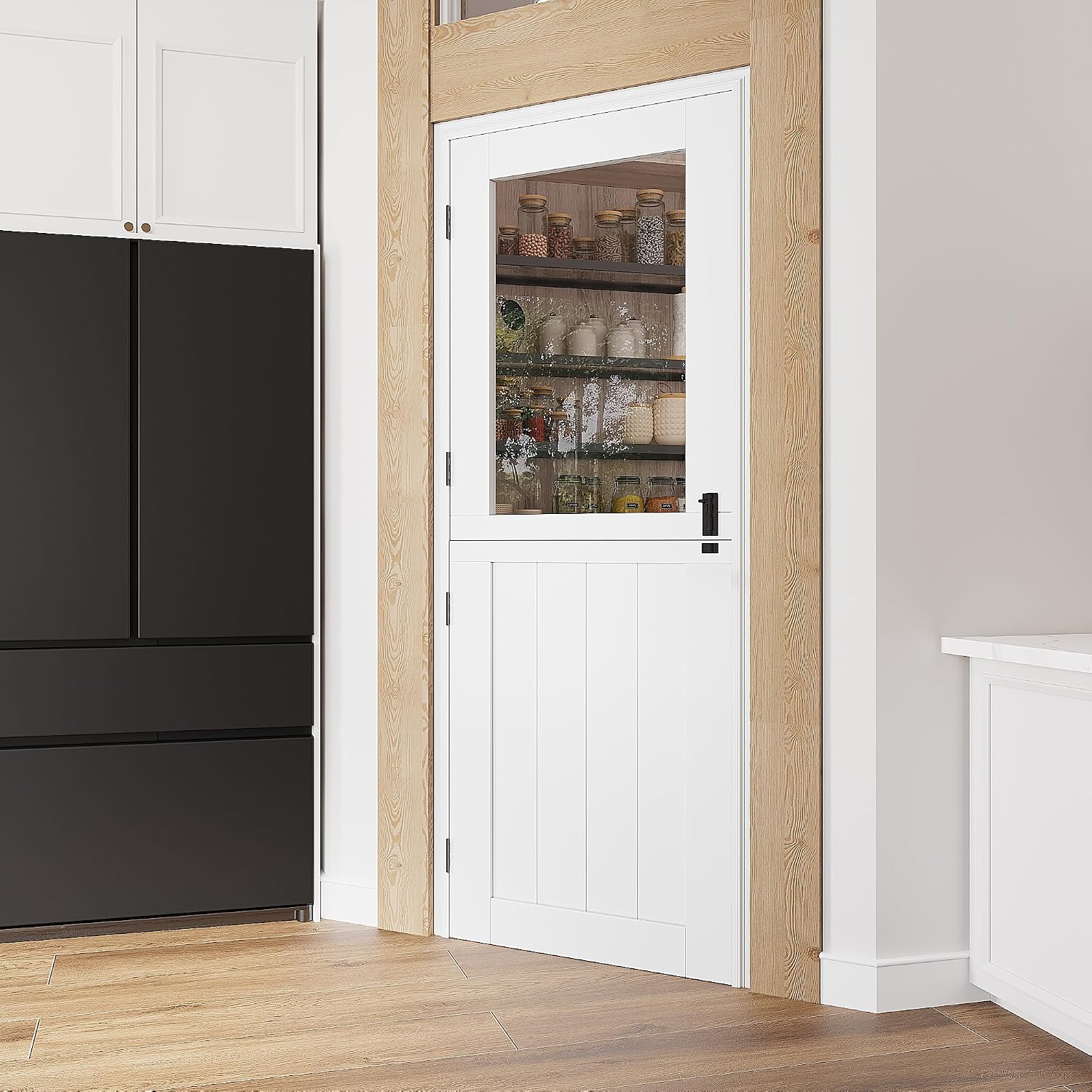 32'x 80' Pantry Door, Pre-Assembled Dutch Door Slab, French Interior White Solid Wood Core with Clear Glass Panel, 4 Hinges & Latch Included, Pocket Barn Doors for Living Room, Closet & Back Porch
