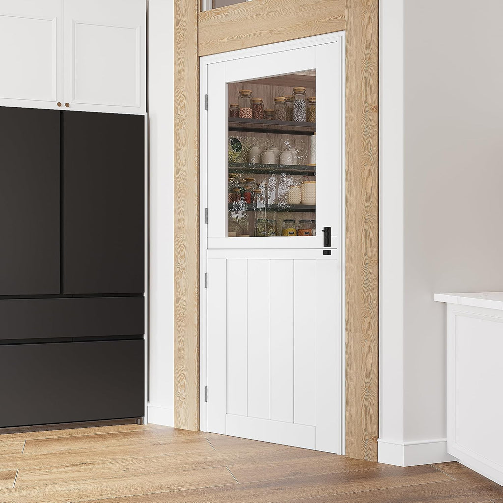 30'x 80' Pantry Door, Pre-Assembled Dutch Door Slab, French Interior White Solid Wood Core with Clear Glass Panel, 4 Hinges & Latch Included, Pocket Barn Doors for Living Room, Closet & Back Porch