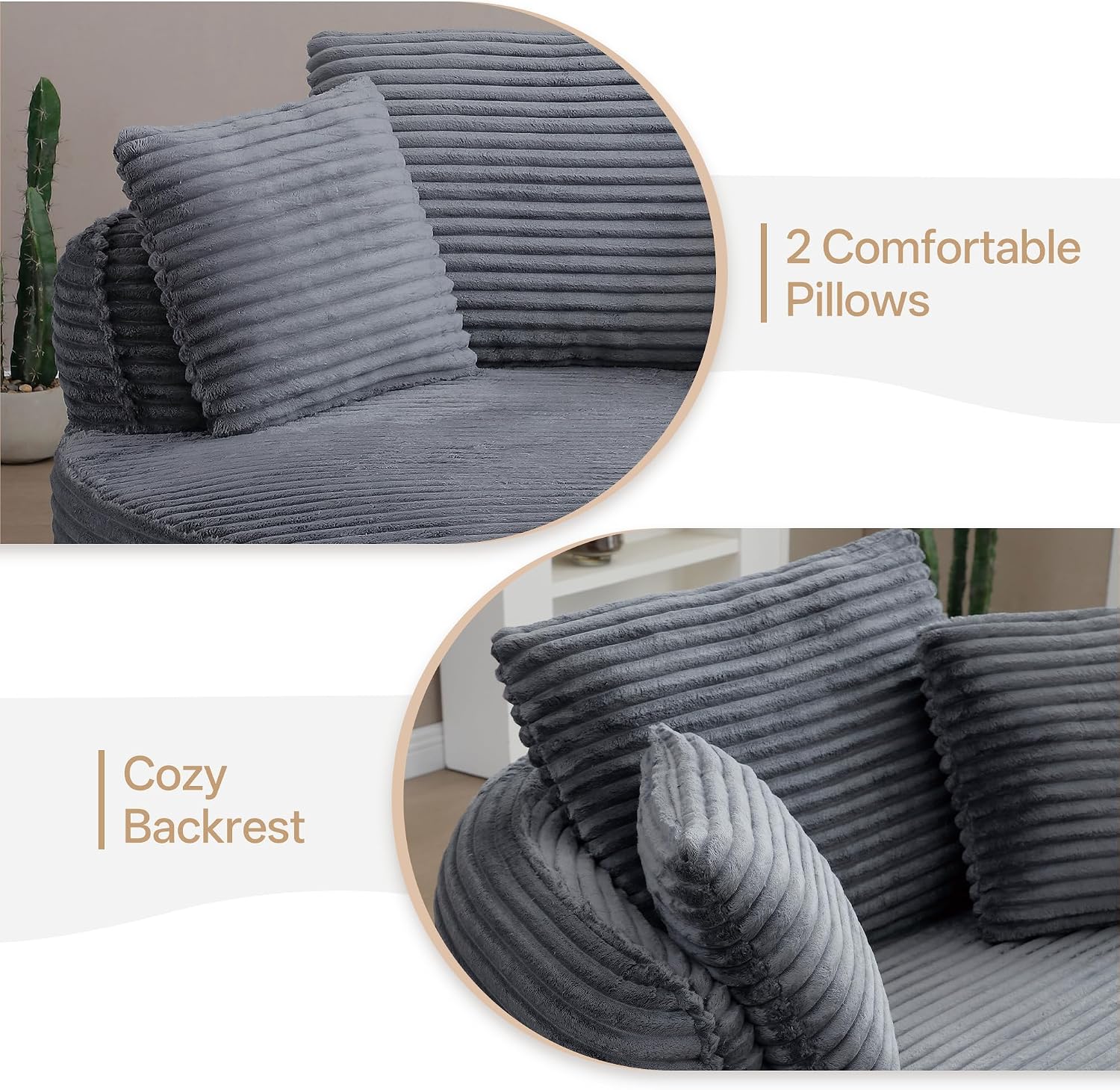 53.5' Oversized Round Chaise Lounge Chair, Modern Corduroy Compressed Cloud Circle Sofa, No Assembly Required Boneless Floor Chair with Pillows, Comfy Lazy Sleeper for Living Room,Gray