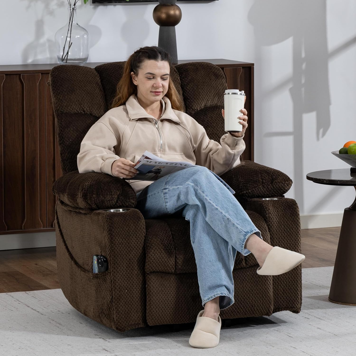 Power Lift Recliner Chair for Elderly, Overstuffed Back Lift Chair with Massage/Heat, Power Recliner Lay Flat 160° Cup Holders for Living Room（Brown）