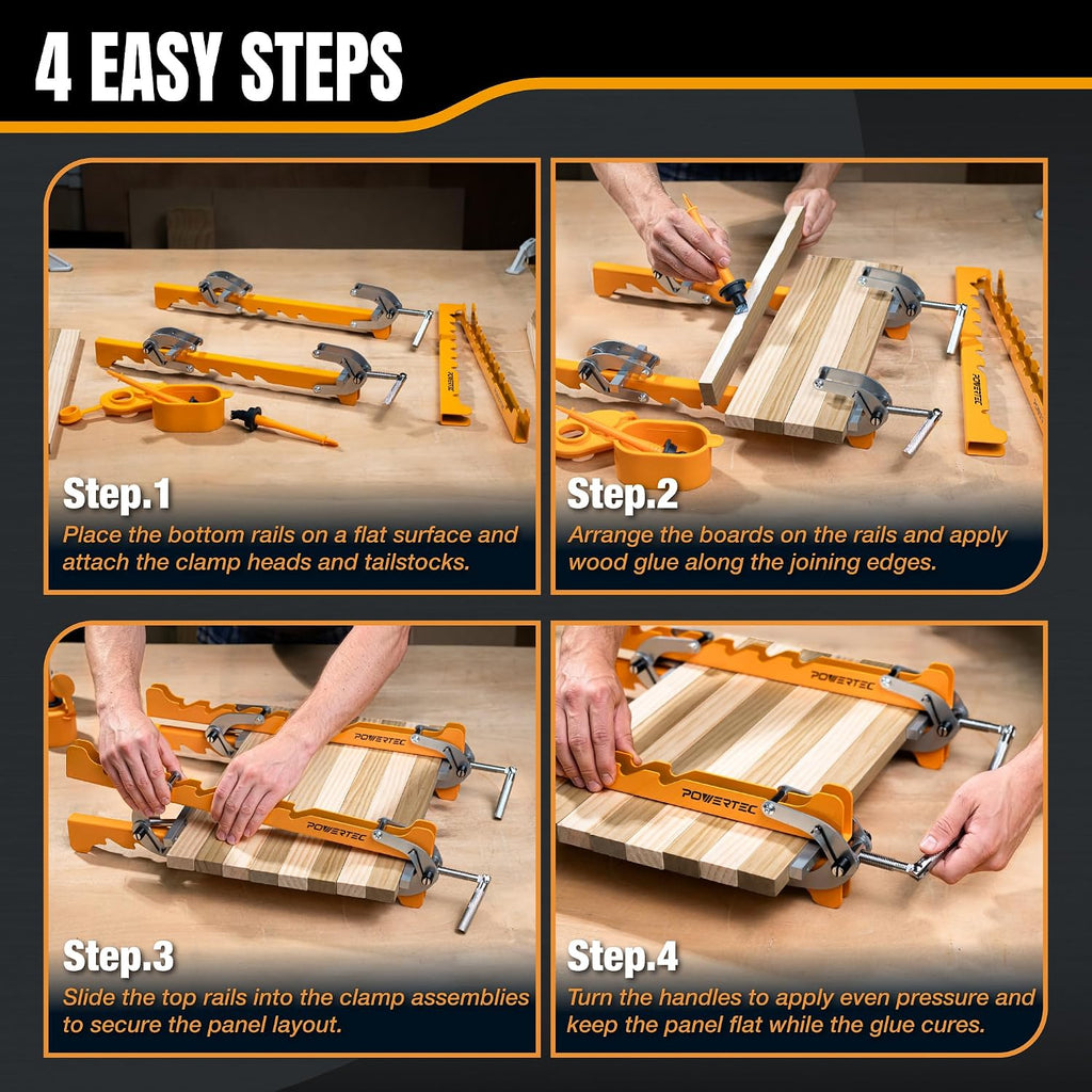 POWERTEC 16' Panel Clamps, 4-Way Pressure Cabinet Clamp Set with Storage Rack, Panel Glue-Up Clamps for Cutting Boards, Tabletops & Wood Panels (72436)
