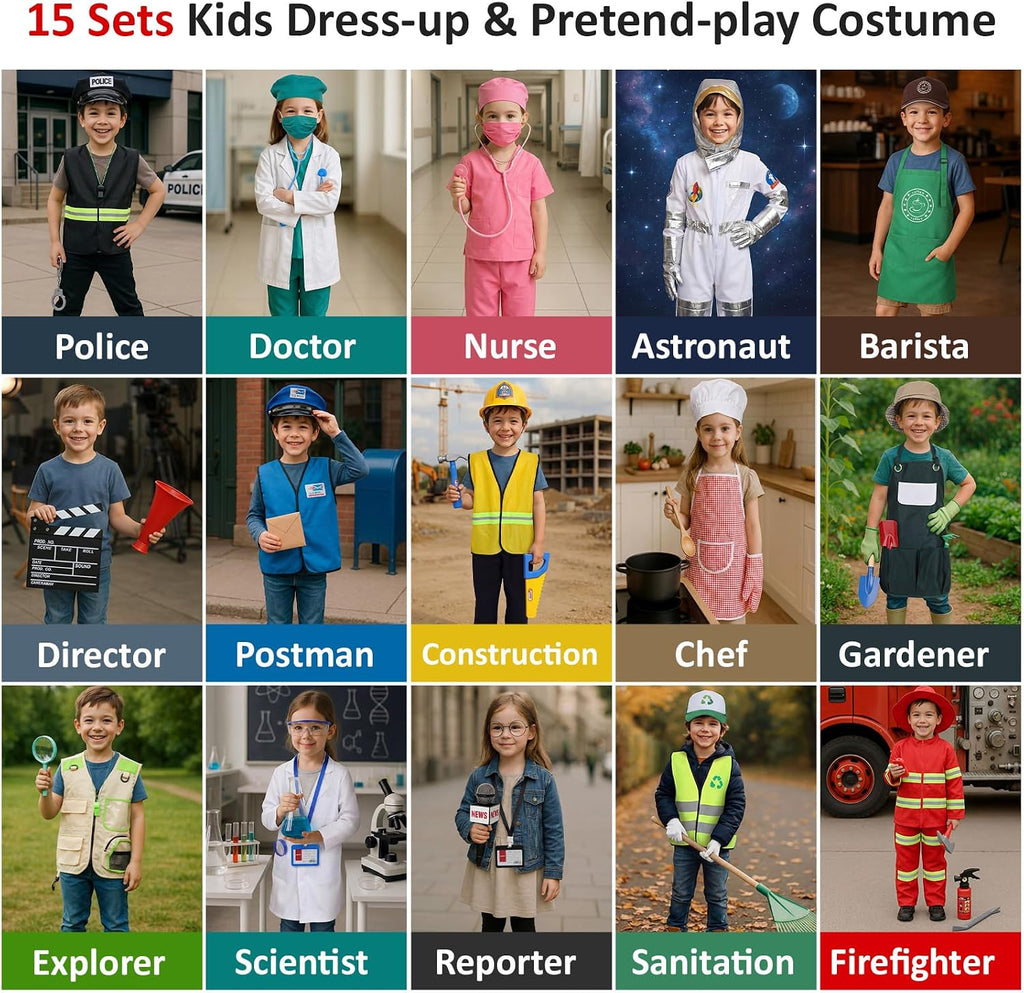 Vicenpal 15 Sets Toddler Dress up Clothes Kids Role-Play Costumes Police Firefighter Doctor Nurse Astronaut Barista Director Postman Laborer Chef Gardener Explorer Scientist Reporter Sanitation Worker