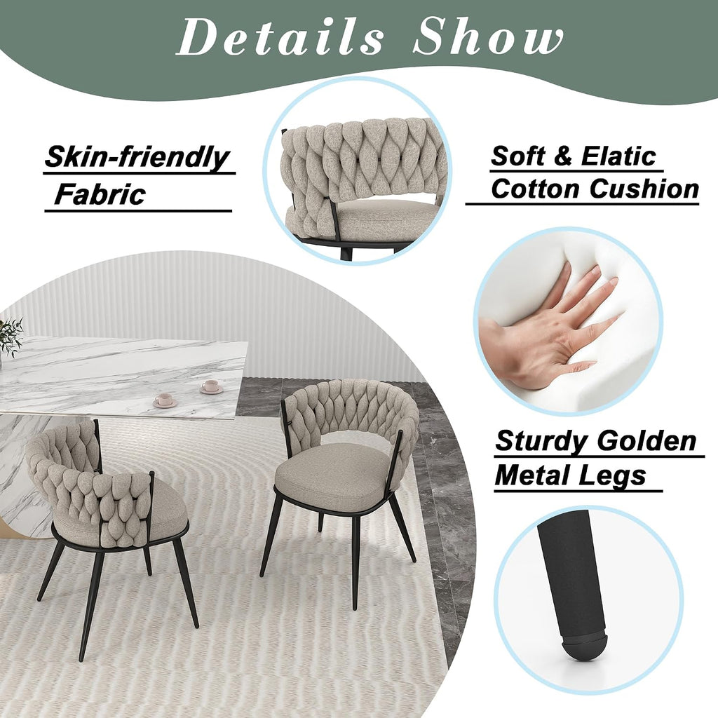 KCC Fabric Dining Chairs Set of 2, Modern Dining Chair with Metal Legs, Woven Upholstered Dining Chairs for Dining Room, Kitchen, Vanity, Living Room (Beige)