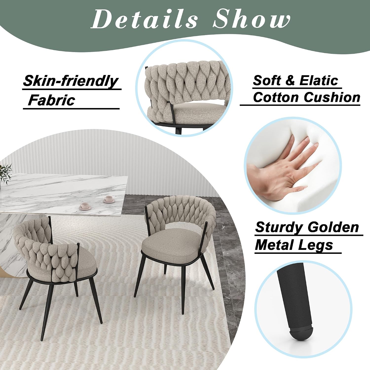 KCC Fabric Dining Chairs Set of 2, Modern Dining Chair with Metal Legs, Woven Upholstered Dining Chairs for Dining Room, Kitchen, Vanity, Living Room (Beige)