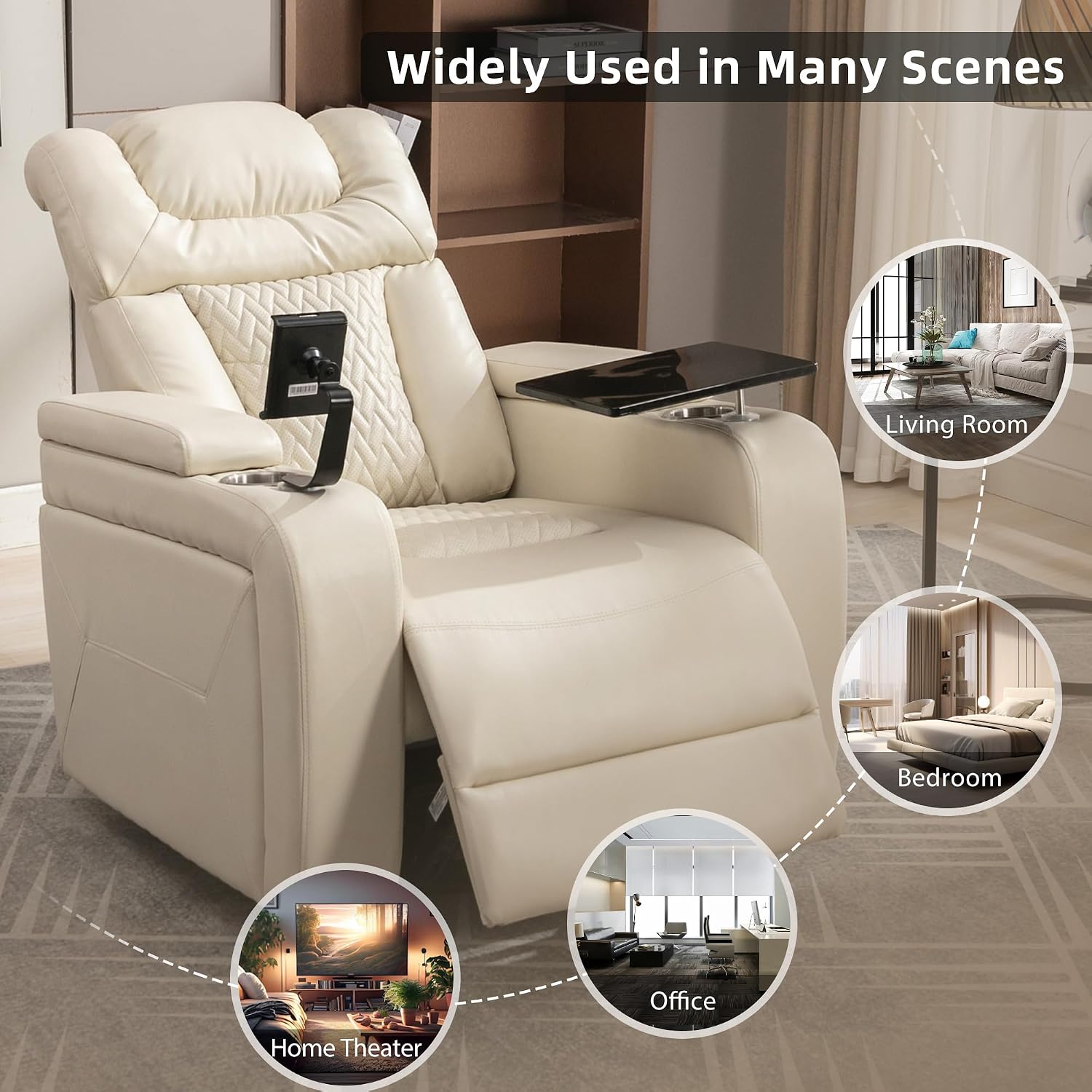 Ball & Cast Power Recliner Chair,270 Degree Swivel PU Leather Home Theater Seating for Living Room,Soft Individual Chair with Tray Table, Phone Holder,Cup Holder,USB Port,Hidden Arm Storage,White