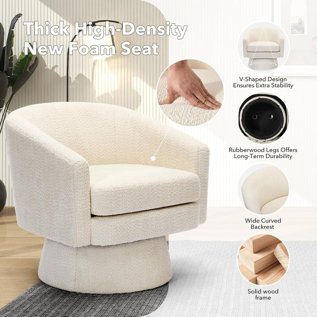 360° Swivel Barrel Accent Chair, Modern Chenille Upholstered Armchair with Curved Back, Soft Cushion & Arms, Wooden Frame, Storage Pocket, Comfy Reading Lounge Chair for Living Room, Bedroom, Office