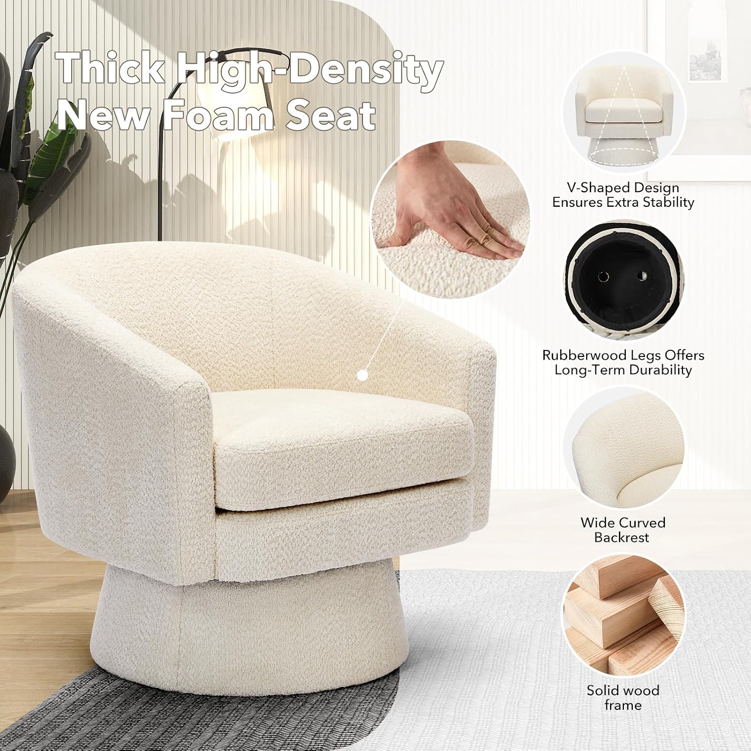 360° Swivel Barrel Accent Chair, Modern Chenille Upholstered Armchair with Curved Back, Soft Cushion & Arms, Wooden Frame, Storage Pocket, Comfy Reading Lounge Chair for Living Room, Bedroom, Office