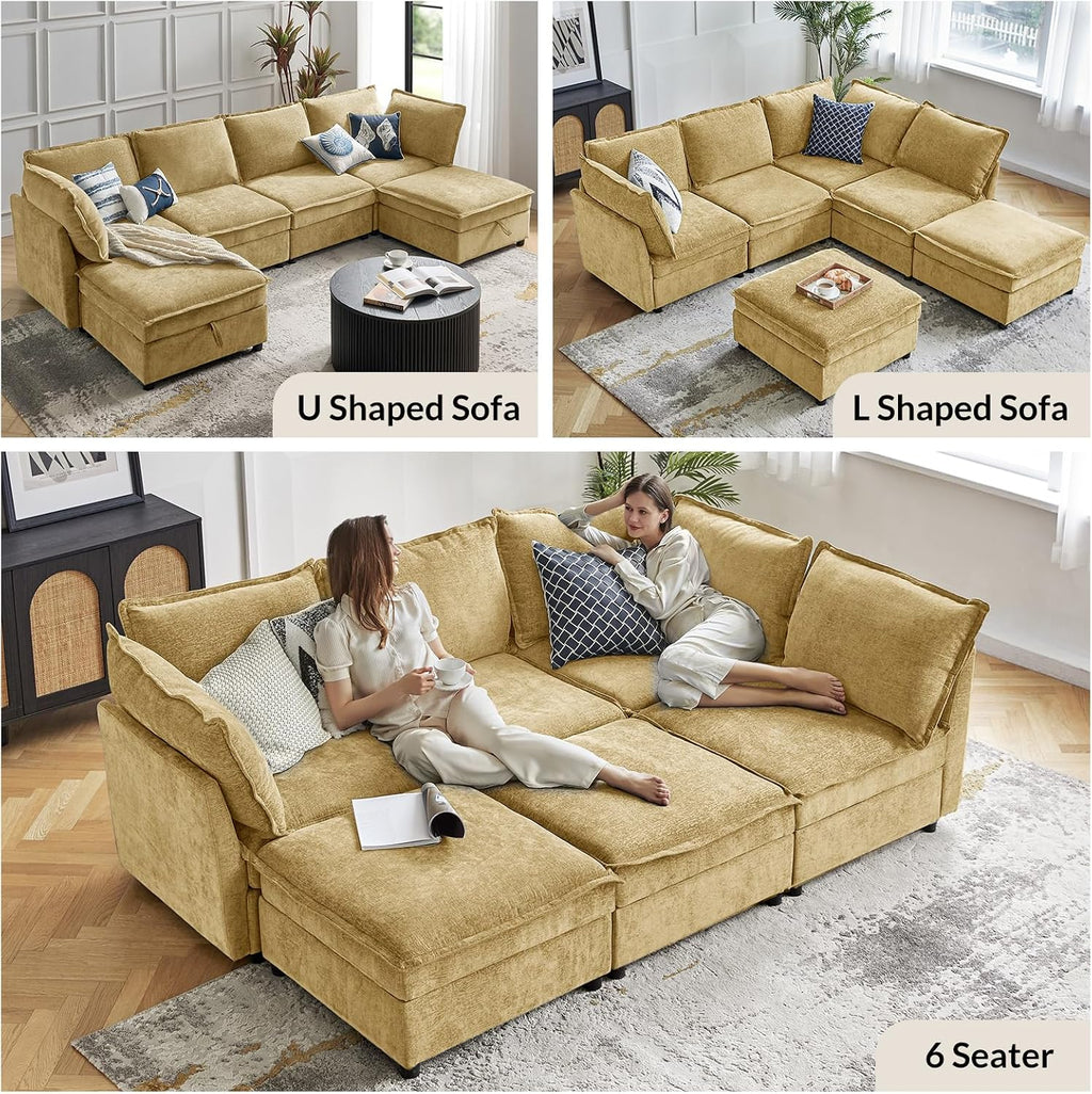 HULALA HOME 97'' Modular Sectional Sofa, L Shaped Couch with Storage Ottoman, Comfy Chenille Sofa with Deep Seat, 4 Seat Convertible Sectional Couches for Living Room, Cream