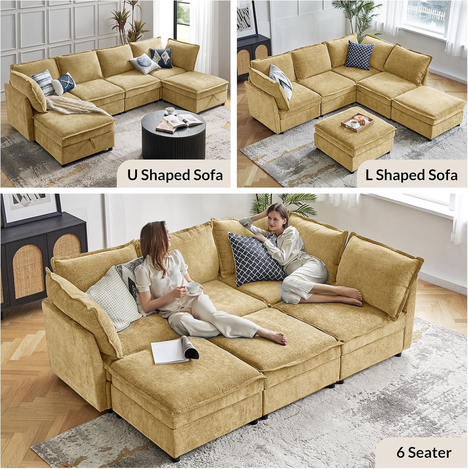 HULALA HOME 97'' Modular Sectional Sofa, L Shaped Couch with Storage Ottoman, Comfy Chenille Sofa with Deep Seat, 4 Seat Convertible Sectional Couches for Living Room, Cream