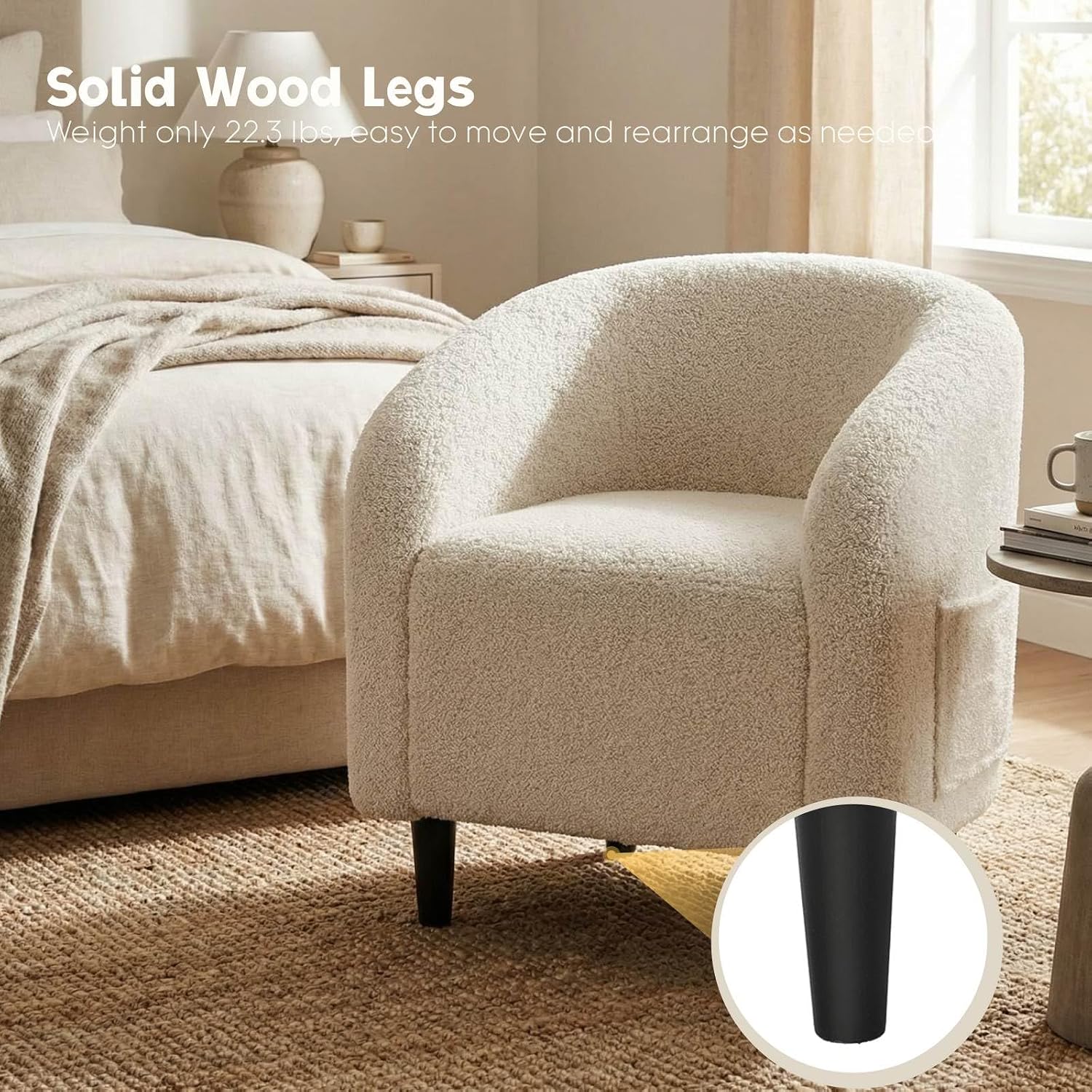 Modern Accent Barrel Chair, Comfy Teddy Fabric Club Armchair with Side Pocket, Easy Assembly Living Room Corner Chair for Bedroom, Office, Reception Space