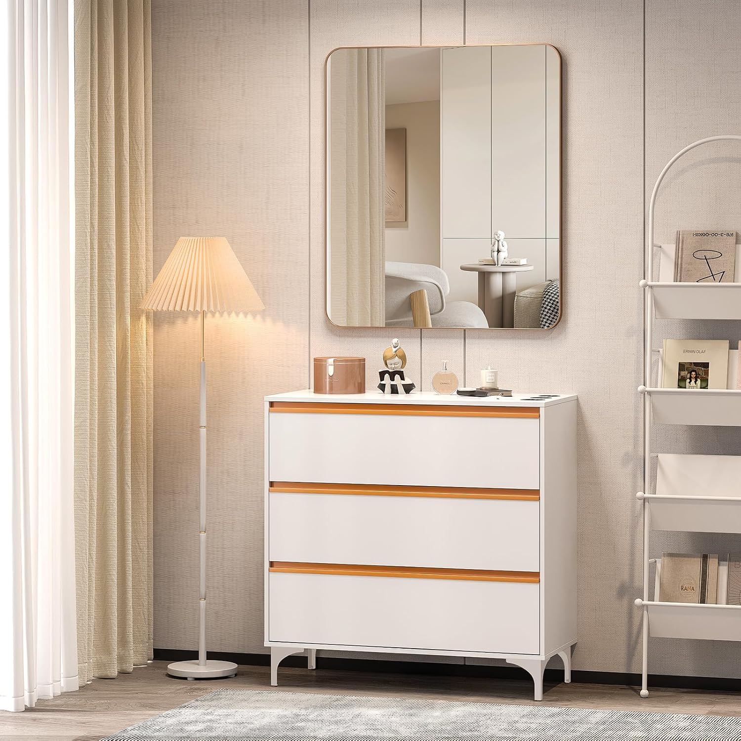 OmySalon Salon Station for Hair Stylists, Barber Free Standing Styling Cabinet with 3 Drawers, Square Mirror & Hair Dryer Holders, Modern White Gold Beauty Dresser for Salon, Spa, Home