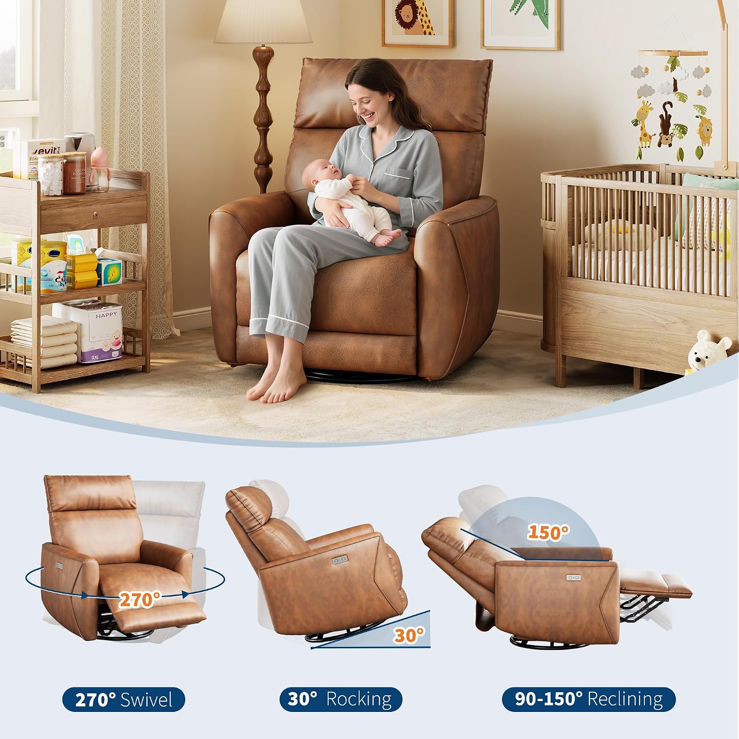 GarveeHome Power Recliner Chair, 270° Swivel Rocking Glider with USB Charging Port, PU Leather Upholstered Fabric, Ergonomic Modern Nursery Chair for Living Room, Bedroom, Nursery (Camel)