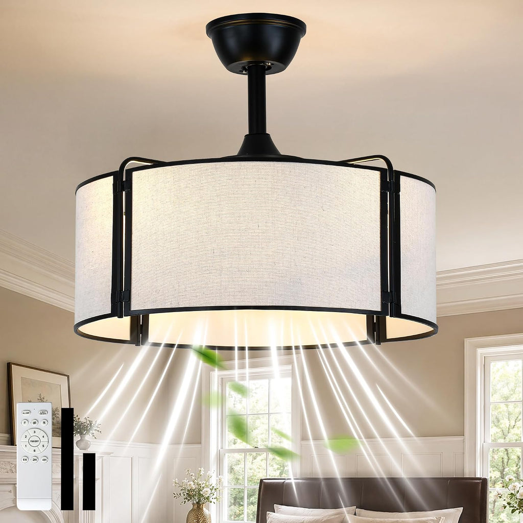 20' Black Caged Boho Fandelier Ceiling Fan with Light, Bladeless Flush Mount Chandelier Fan with Remote Control, 6 Speeds Quiet Reversible Motor for Bedroom, Nursery, Foyer, Dining Room, Living Room