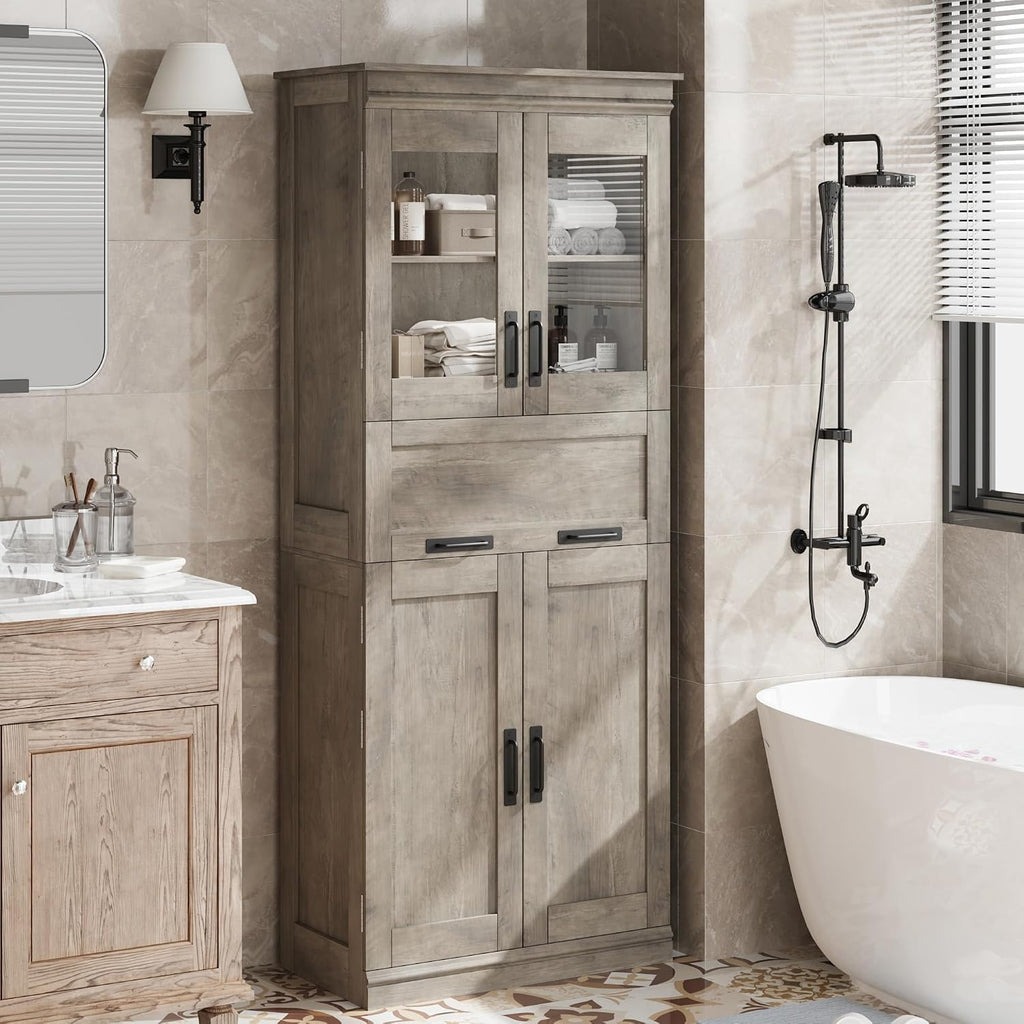 GarveeHome 67' Tall Bathroom Cabinet with 4 Doors & Flip Glass Drawer, Storage Cabinet with Adjustable Shelves, Freestanding Organizer for Kitchen, Living Room (Oak)