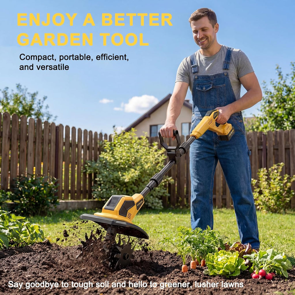 21V Cordless Tiller Cultivator, 2x4.0Ah Battery Powered Electric Garden Tiller, 360RPM Rototiller with 48 Steel Tines, 9.7' Width & 7' Depth, Lightweight Soil Tiller for Gardening