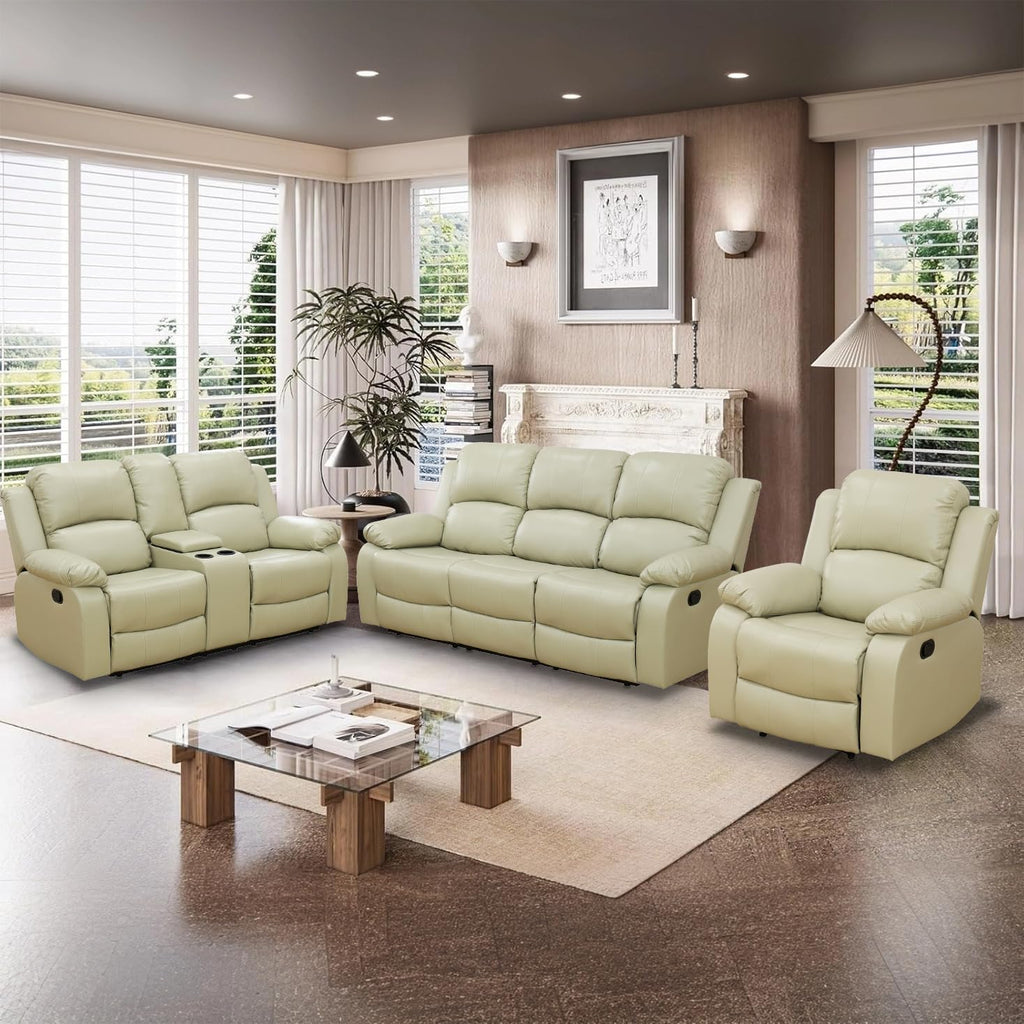 Manual Reclining Couch Sofa Set with Drop-Down Table, 3 Pieces Beige Leather Recliner Couch Sets, Living Room Furniture Sets, Recliner Sofa with Storage Console/Cup Holder for Home/Apartment