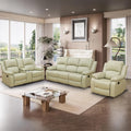 Manual Reclining Couch Sofa Set with Drop-Down Table, 3 Pieces Beige Leather Recliner Couch Sets, Living Room Furniture Sets, Recliner Sofa with Storage Console/Cup Holder for Home/Apartment