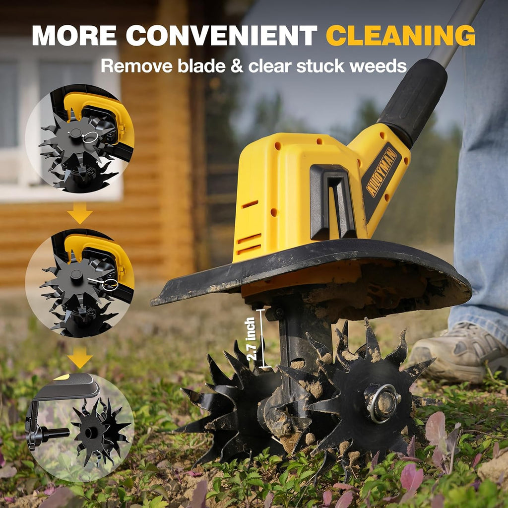 Alloyman 20V Cordless Tiller Cultivator, 360RPM Electric Garden Tiller, with 2 * 4.0Ah Batteries & Charger, 9In Tilling Width and 6.6In Depth Garden Rototiller for Lawn/Gardening/Soil Cultivation