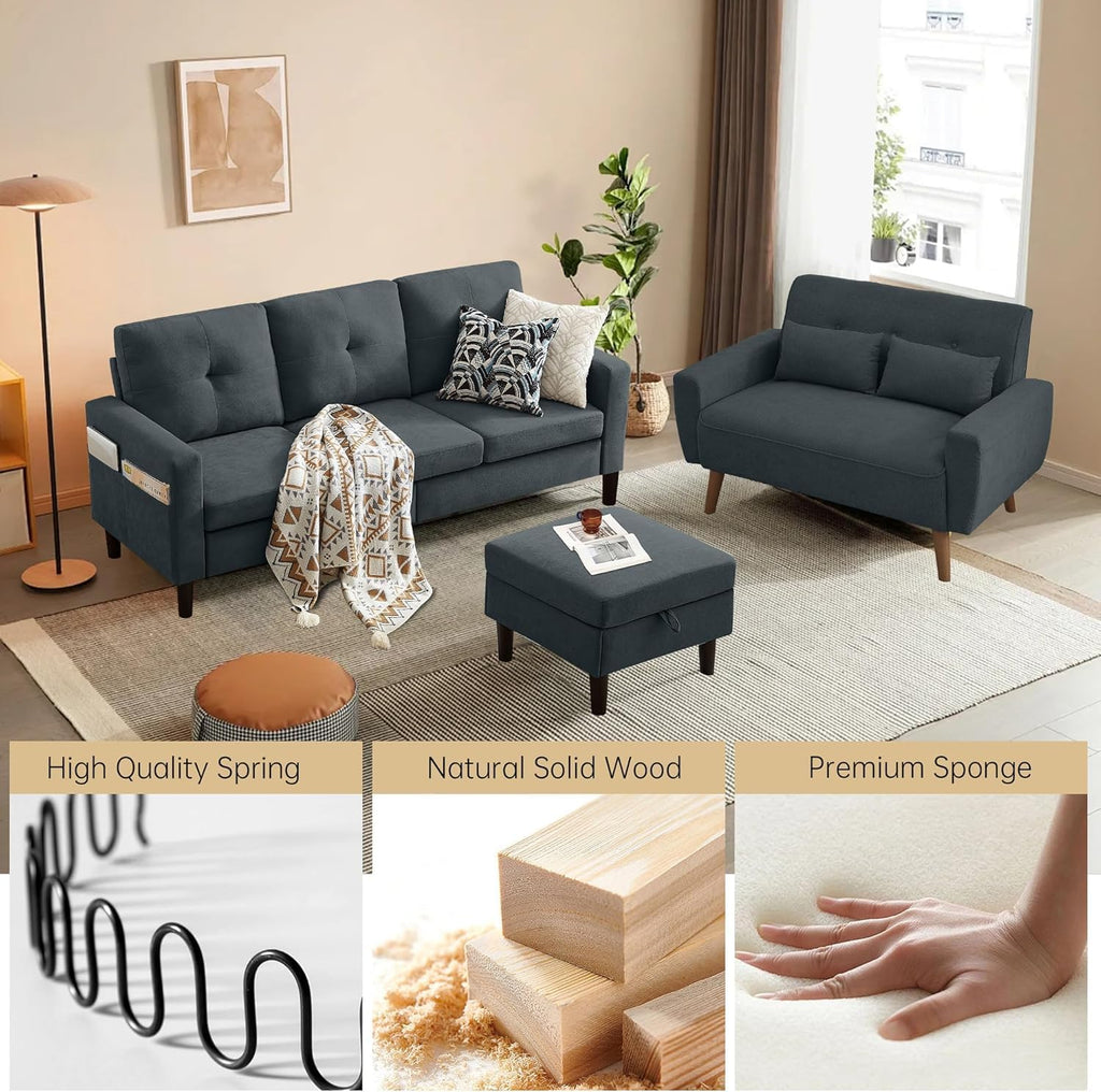 2 Piece Comfy Couch Set, 3 Seater & 2-Seater Sofa and Loveseat Set with Ottoman, Modern Sofa Sets for Living Room/Apartment/Office, Dark Grey