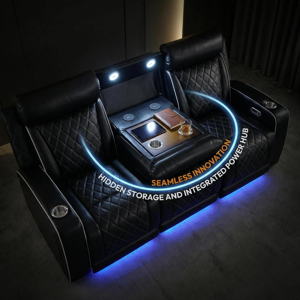 3 Piece Living Room Furniture Set with Cup Holders, Power Recliner Sofa Set, Black Breathing Leather Reclining Couch with LED Lights/Charging Ports/Storage Console for Living Room/Office