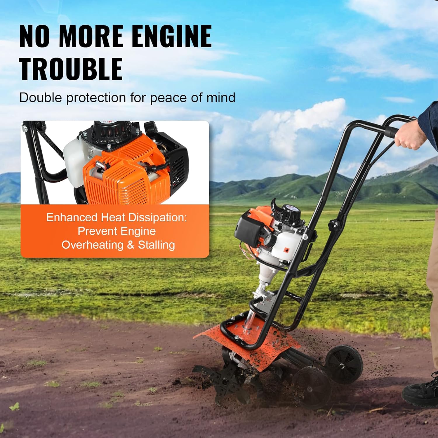 VEVOR Tiller Cultivator, 31CC 4-Stroke Garden Cultivator, Tiller with 4 Steel Adjustable Front Tines for Lawn, Garden and Field Soil Cultivation, Orange