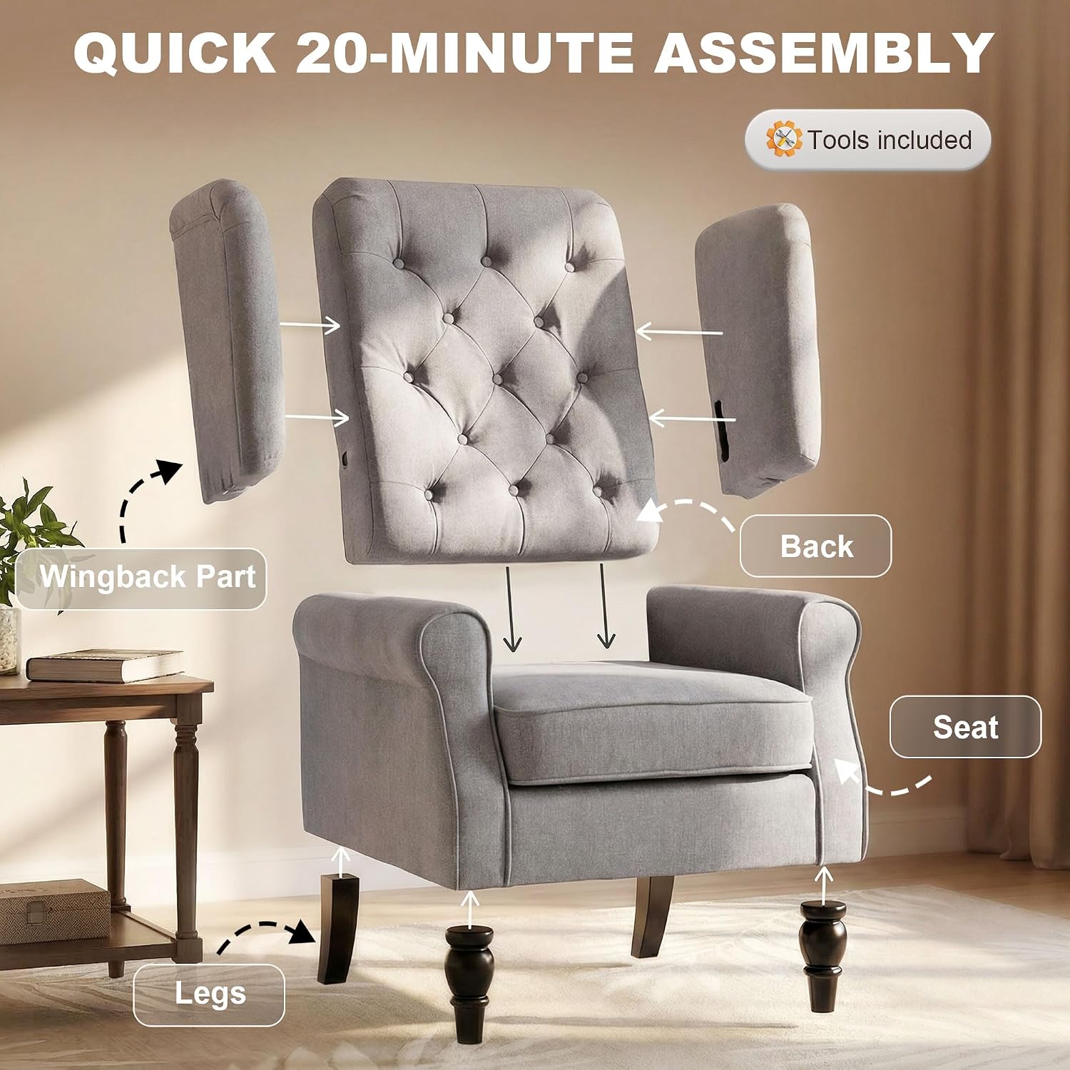 HOMCOM Mid-Century Modern Accent Chair, High Wingback Reading Chair, Button-Tufted Upholstered Fabric Armchair with Retro Wood Legs for Apartment, Living Room, Bedroom, Gray