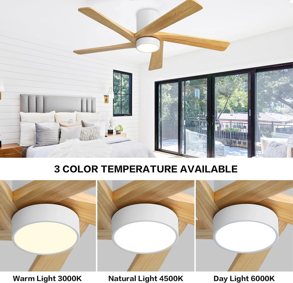 WINGBO 48 Inch Flush Mount DC Ceiling Fan with Lights and Remote, 5 Reversible Carved Wood Blades, 6-Speed Noiseless DC Motor, Hugger Ceiling Fan in White Finish with Oak Blades, ETL Listed