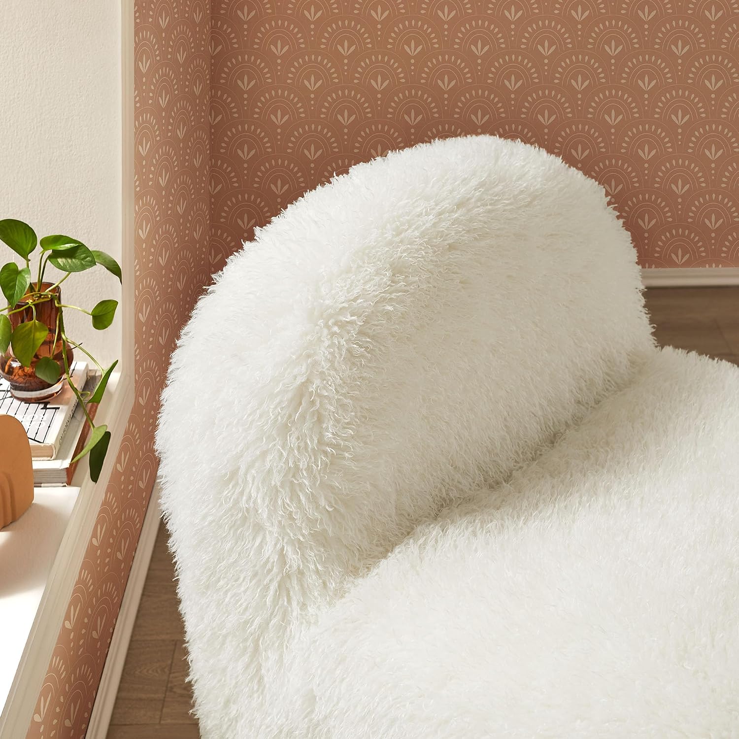 Modway Mina Faux Fur Accent Chair in White -,Furry Slipper Lounge Chair for Bedroom Or Living Room