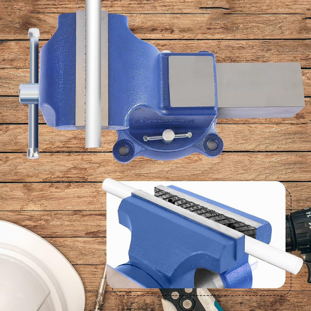 6' Heavy-Duty Bench Vise 13200LBS Stronger Clamping Force Ductile Iron Bench Vise 6 Inch 360° Swivel Bench Vice with Anvil Blue, Include Mini Bench Vice Clamp