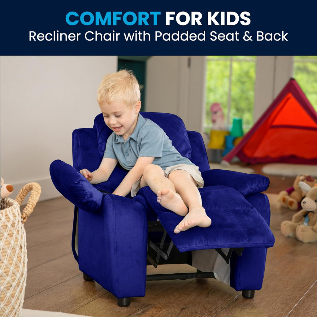 Flash Furniture Charlie Microfiber Kids Recliner with Flip-Up Storage Arms and Safety Recline, Contemporary Reclining Chair for Kids, Supports up to 90 lbs., Blue
