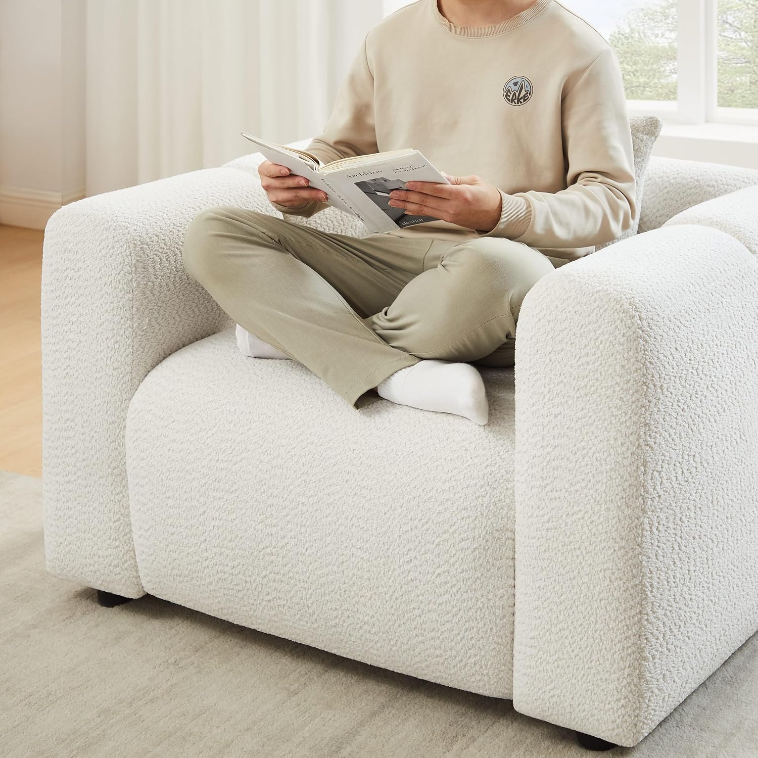 VANOMi Living Room Furniture Sets of 3, Modern Boucle Sofa and Chairs Sets with Accent Chairs Set of 2 & Single 95' W Large Loveseat Sofa for Living Room, Office, Apartment, White